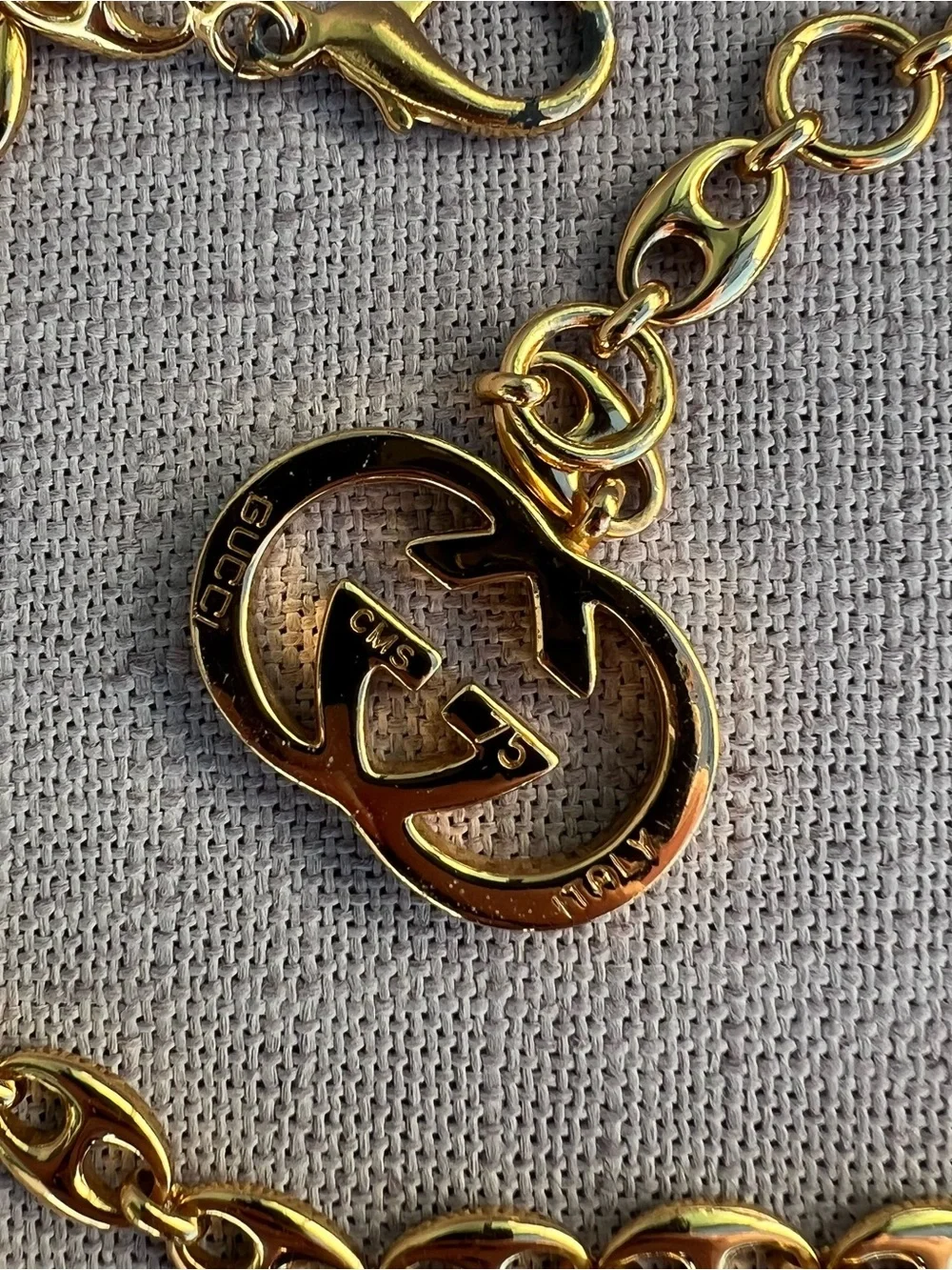 Vintage Rare 1970’s Gucci GG Logo Pendant Mariner Link Chain Belt Gold Plated